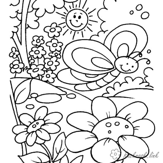 Раскраска на тему Времена года Лето с изображением солнца, пальм и пляжа (лето, солнце)