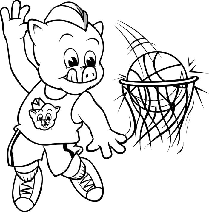 Раскраска с изображением игрока в баскетбол на фоне корзины (баскетбол)
