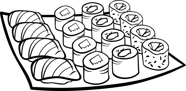 Раскраска с изображением японских блюд (суши, роллы)