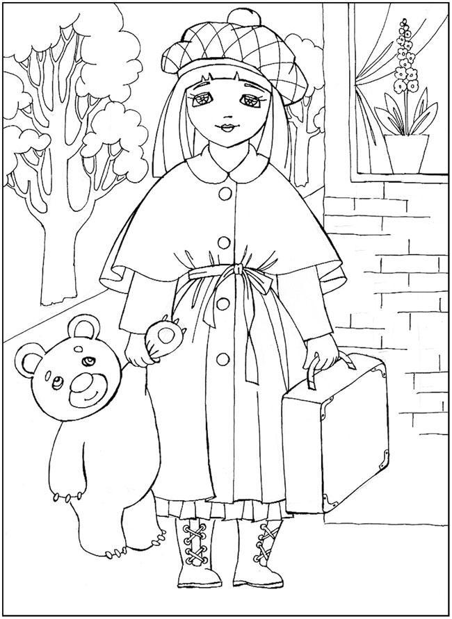 Раскрашенная картинка девочки с чемоданом в осеннем лесу (осень, игрушка)