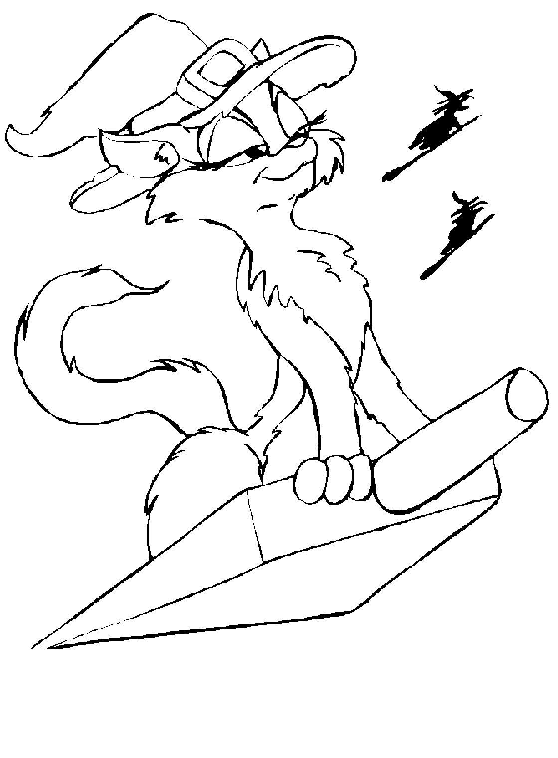 Раскраска с изображением кошки ведьмочки, летящей на совке (ведьмочка)