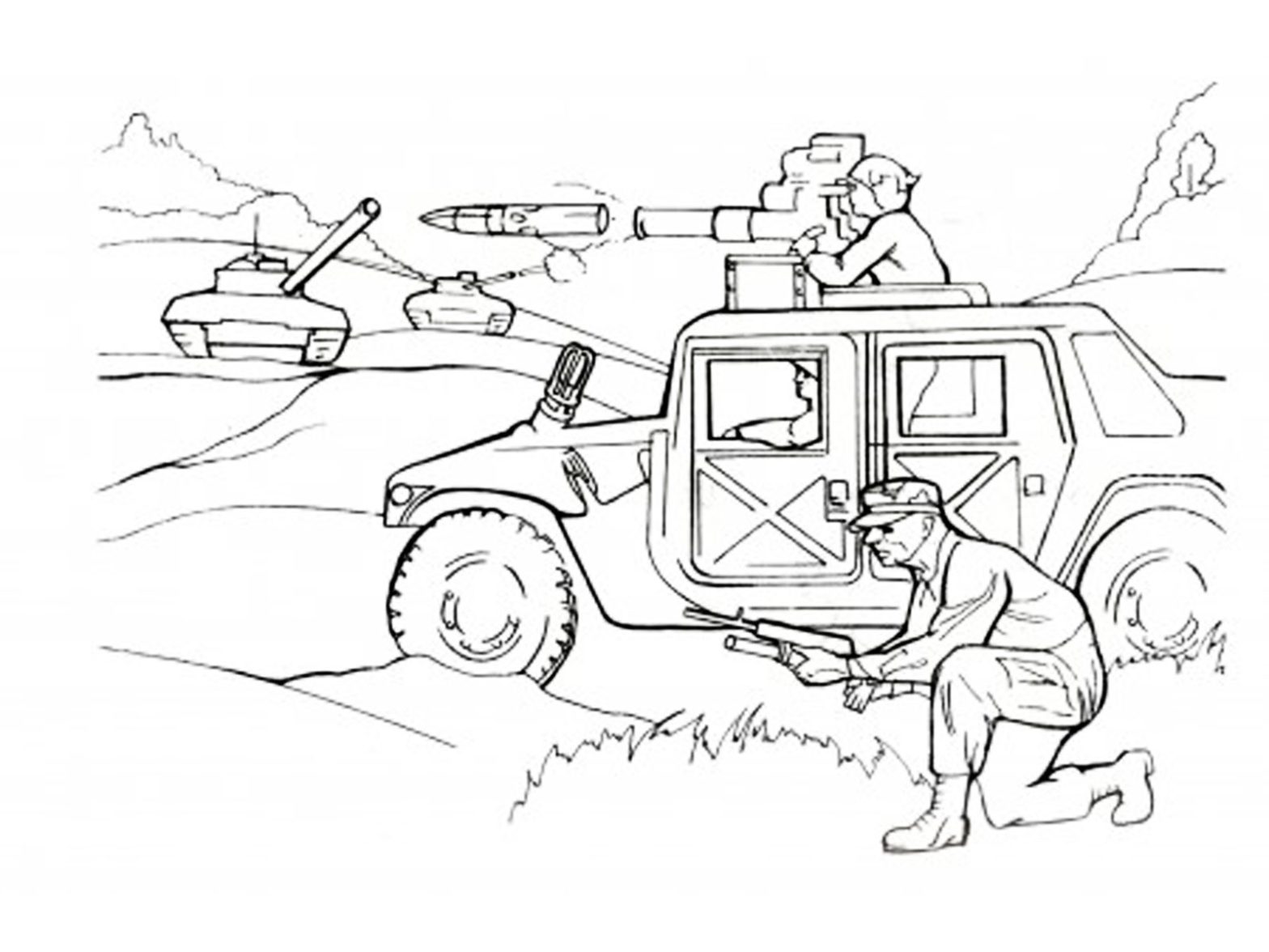 Раскраска с изображением танка и солдат для детей