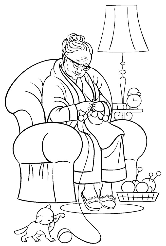 Раскраска с изображением бабушки (инструменты)