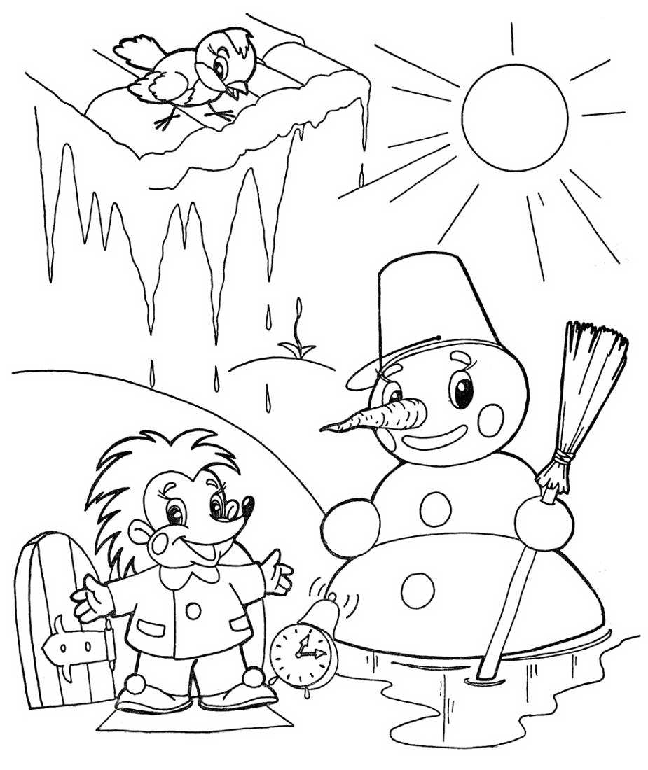 Раскраска с изображением снеговика и ежика весной. Воробей сидит на крыше (снеговик, ежик, воробей)