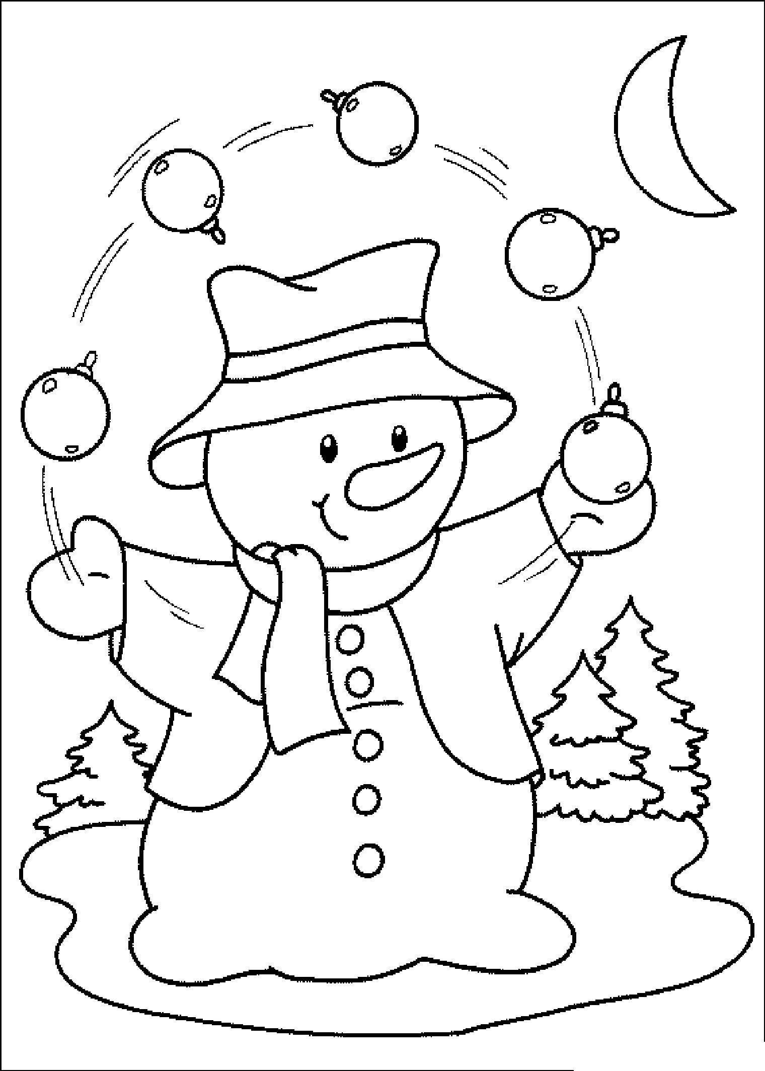 Раскраска с изображением снеговика, жонглирующего елочными игрушками в зимнем лесу под ночным небом (снеговик, месяц, лес, елки)