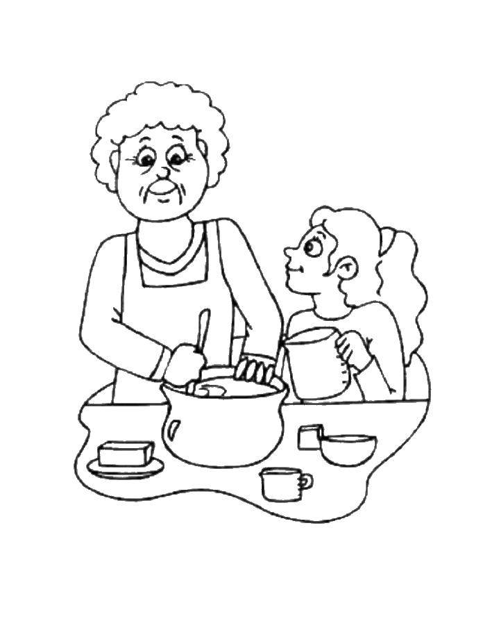 Раскраска с бабушкой и внучкой, еда кухня (еда, бабушка, кухня)