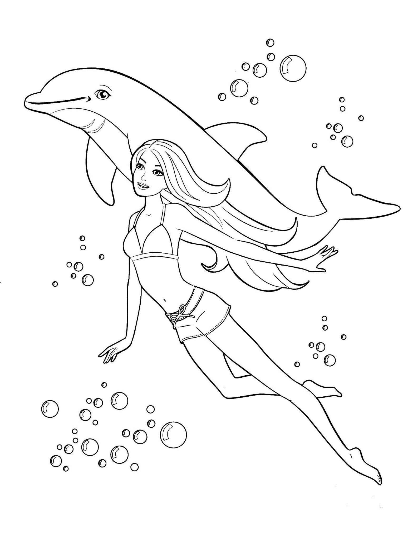 Раскраски Барби с изображением моря и делфинов (Барби, делфины)