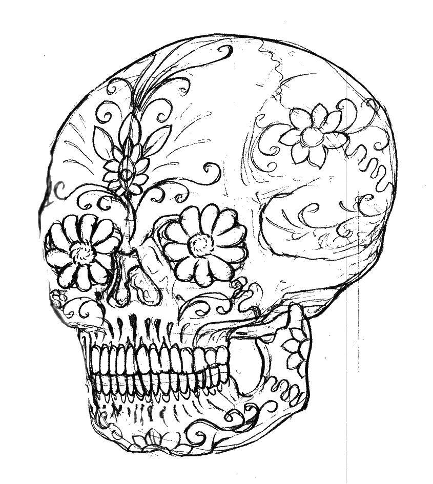 Раскрашенный череп с узорами и цветами (череп, цветы)
