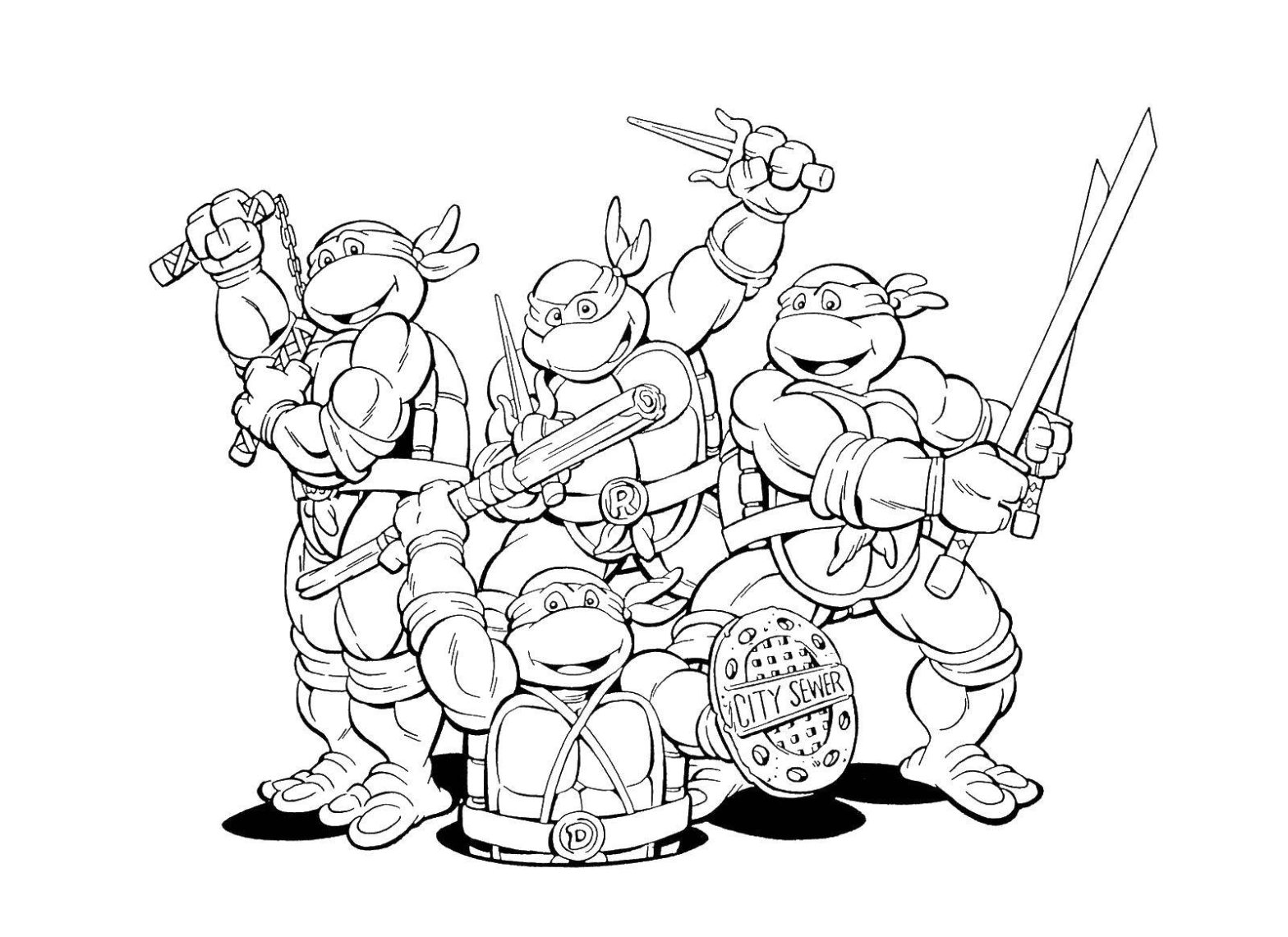 Раскраска с персонажами Черепашек-ниндзя для детей (черепашки-ниндзя, Микеланджело, Донателло)