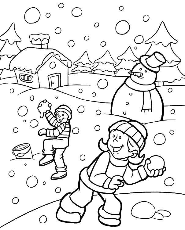 Раскраска зима - снежные игры детей (дети, снежки, развивающие)
