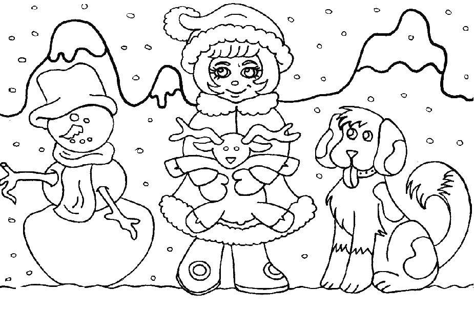 Раскраска с людьми снеговик, девочкой (люди, девочка)