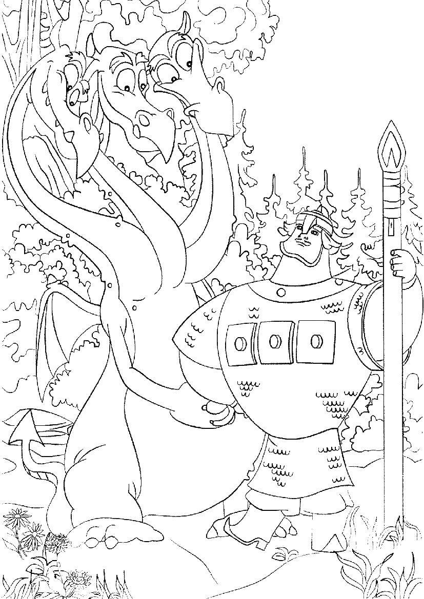 Раскраска трех богатырей: Добрыня Никитич, верблюд, змей горыныч (Добрыня, Никитич, змей, горыныч)