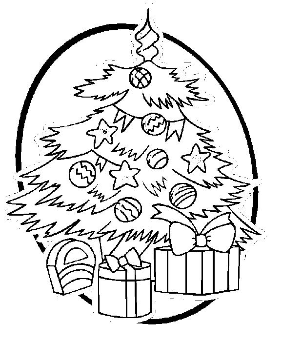 Елка с подарками в круглой рамке на раскраске зима для мальчиков (елка)