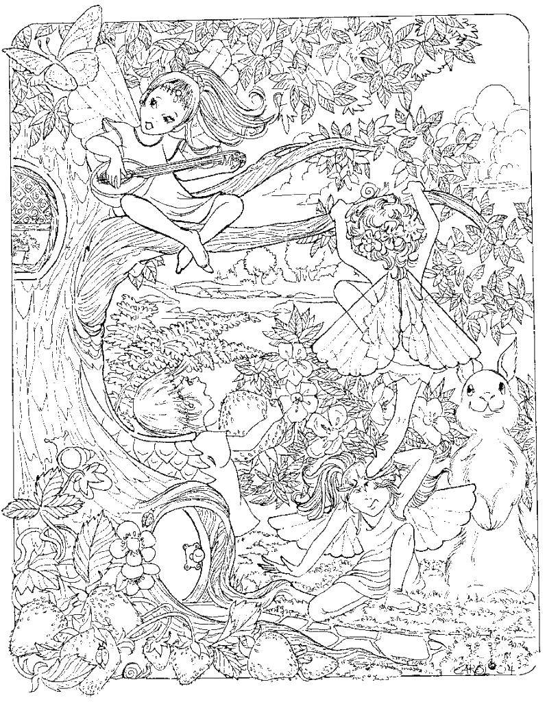 Раскрашенное изображение феи играющей вокруг дерева (феи, фея, дерево, развивающая)