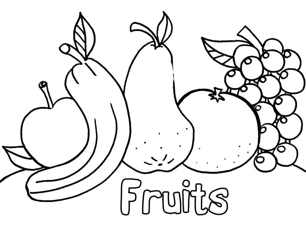 Раскраска фрукты банан, груша, виноград, апельсин (фрукты, апельсин)