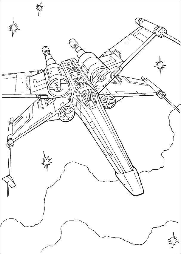 Раскраска с космическими кораблями Космос, ракетой и звездами (космические, корабли, звезды)
