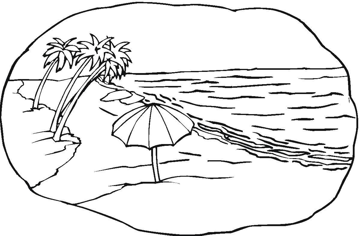 Раскраска Летнего пляжа с изображением песка, пальм и моря (развивающие)