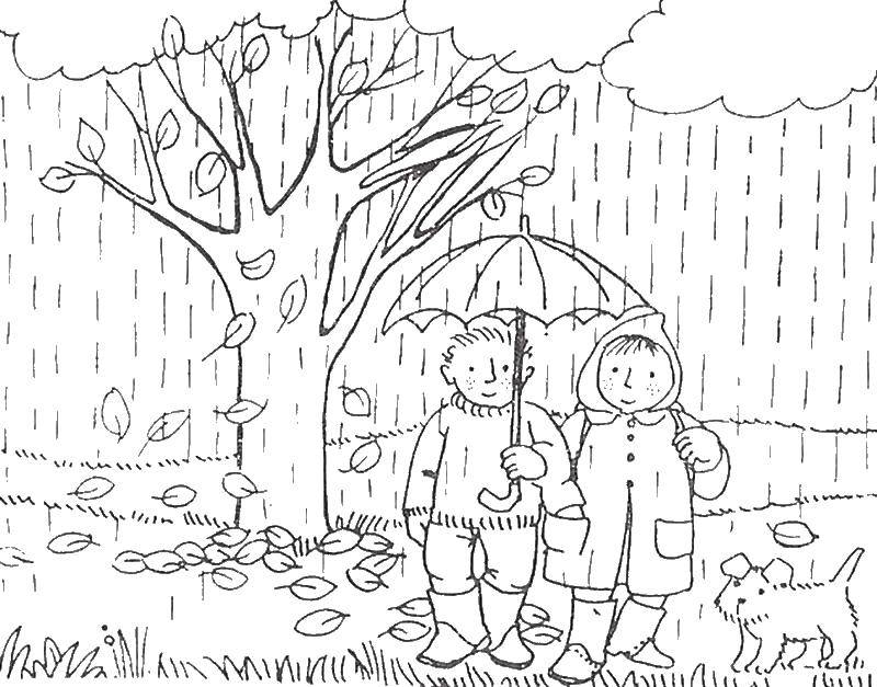 Раскраска для детей на осеннюю тематику с изображением под зонтом во время дождя (осень, люди, дождь)