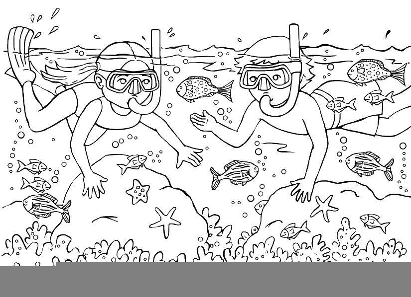 Раскрашенные рисунки летних развлечений для детей: мальчик, девочка, рыбы, маски (развлечения, мальчик, девочка, маски)