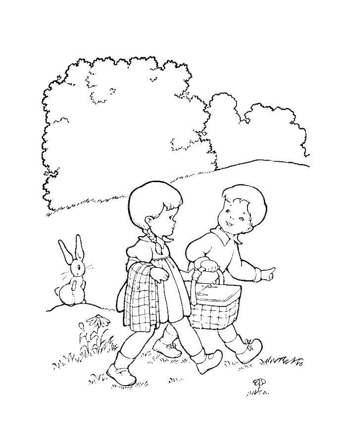 Раскраска с изображением зайчика в лесу (лес, зайчик)