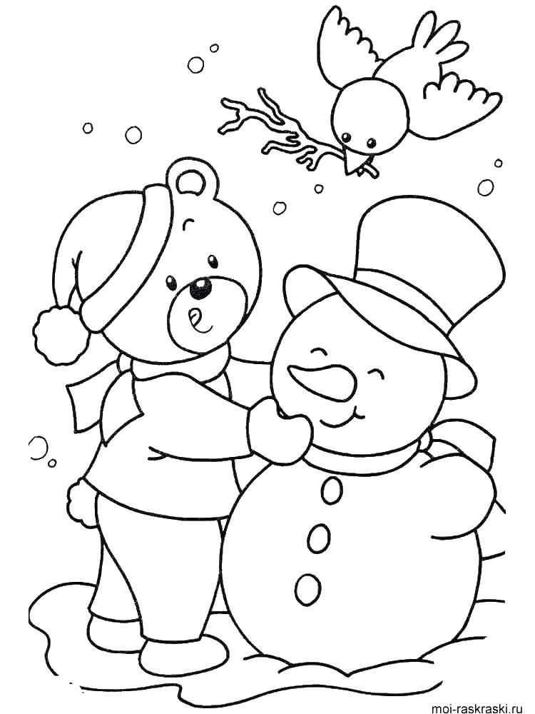 Раскраска малыша с изображением мишки и снеговика (снеговик)