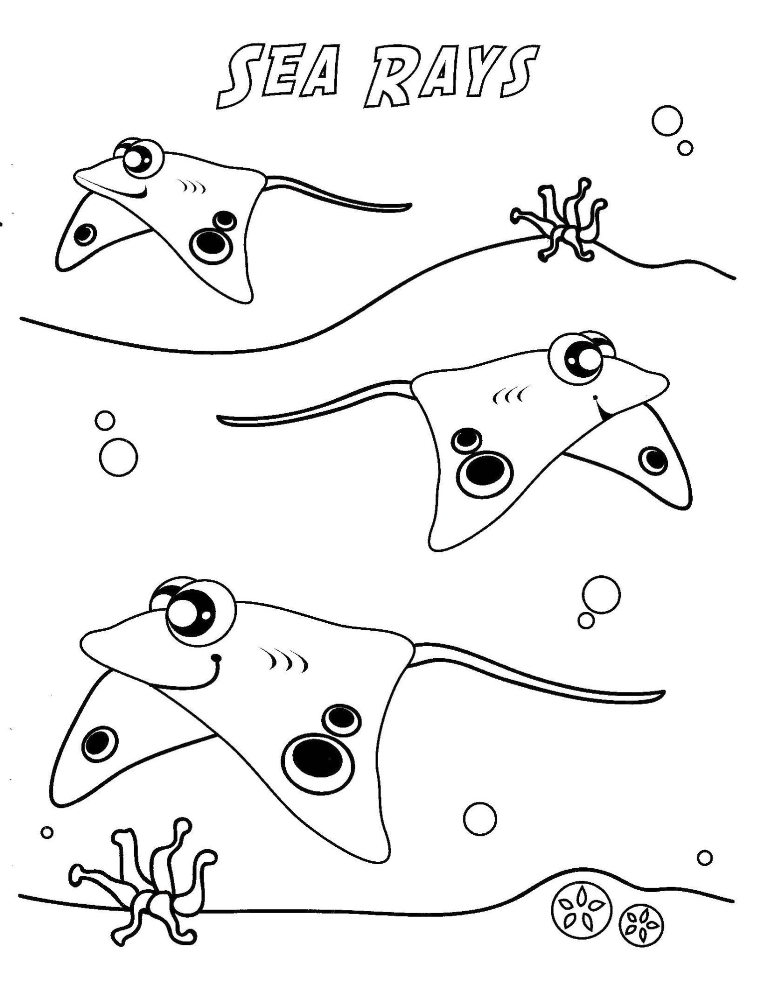 Раскраска с морскими животными и скатом (морские, животные, подводный, скат)