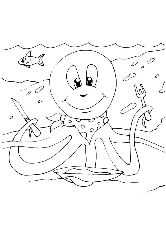 Раскраска осьминога из подводного мира (осьминог, подводный, мир)