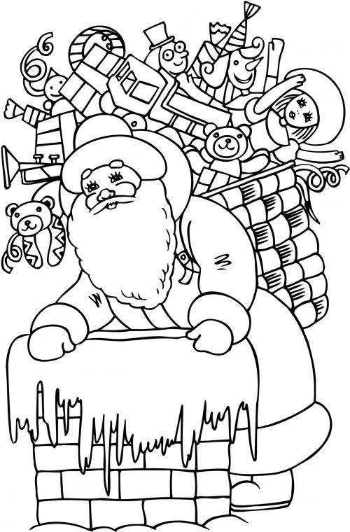 Дед Мороз с корзинкой подарков возле трубы - раскраска на тему зима (открытка, зима)