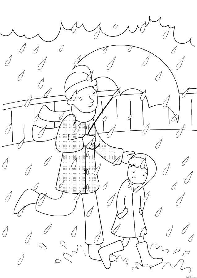 Раскраска семья дождь, зонт, папа, дочка (семья, папа, дочка)