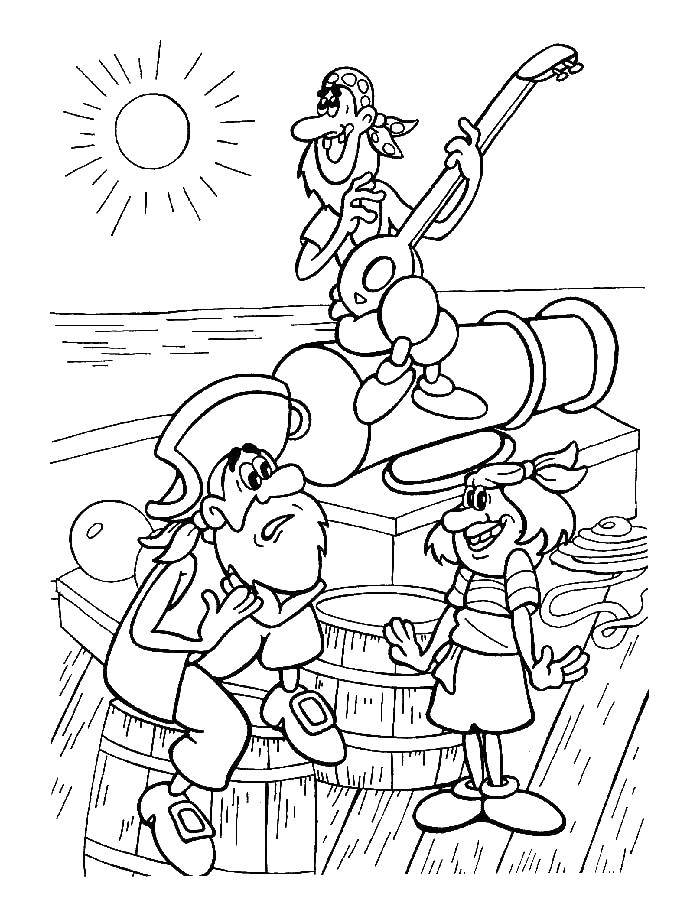 Девочка раскрашивает картинку с пиратами и кораблем (корабль, приключения)
