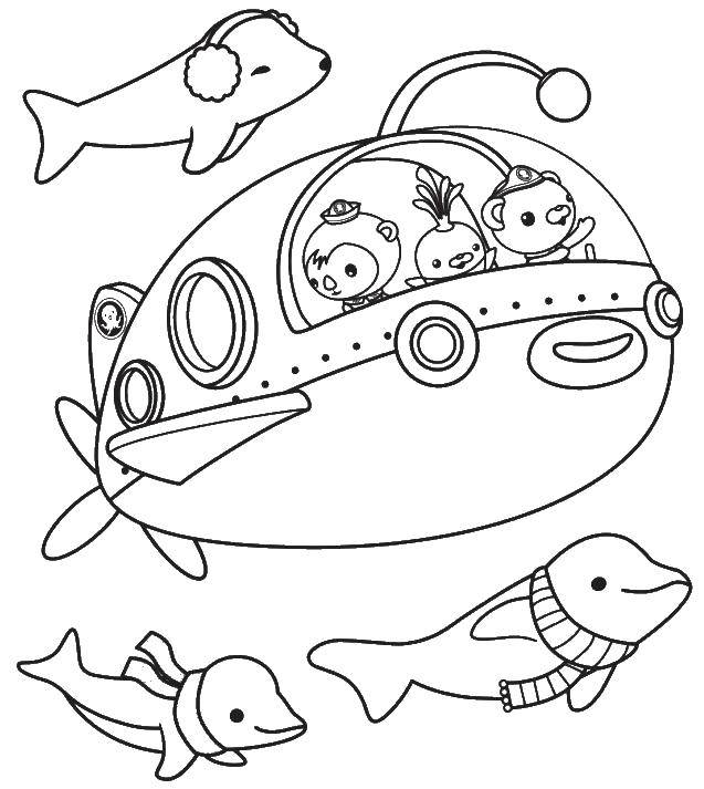 Раскраска подводная лодка с дельфинами в море (подводная, лодка, дельфины)