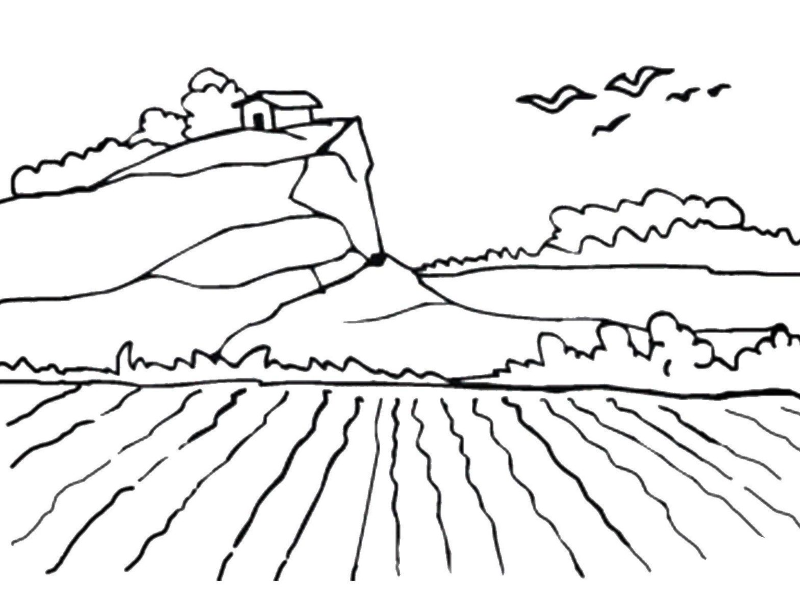 Раскрашенное изображение природы на поле с горами и домом (дом)