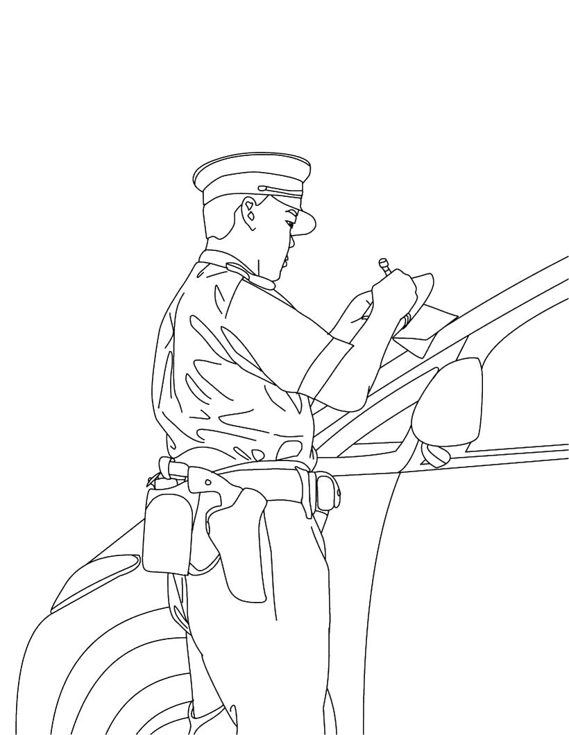 Раскраска машины - полицейский выписывает штраф (машины, полицейский, штраф)