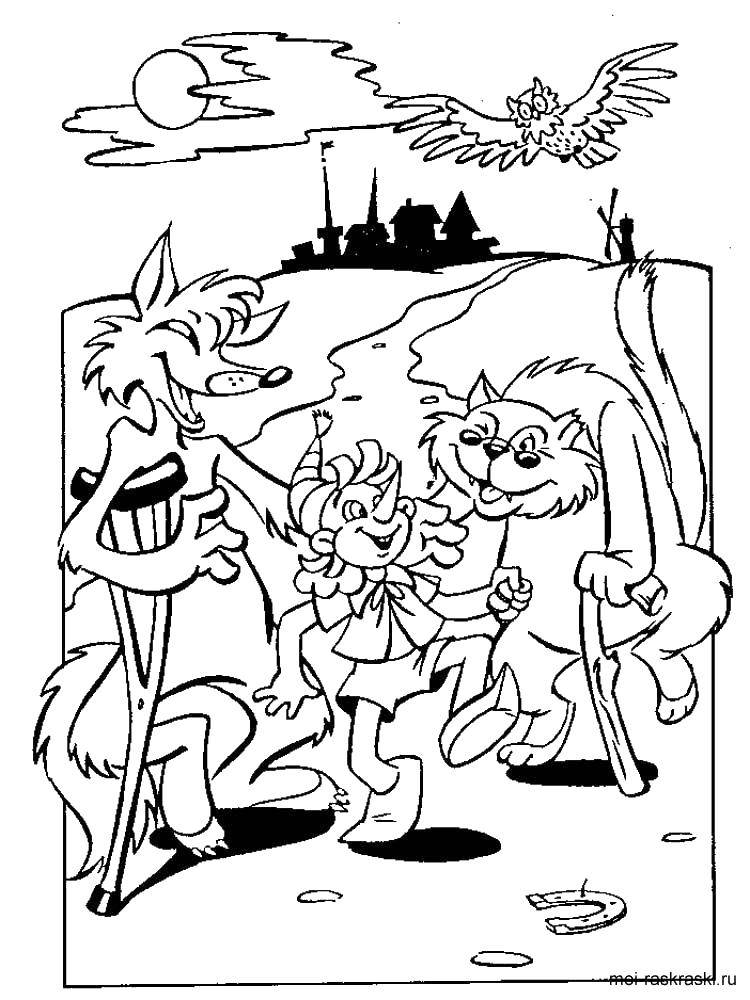 Раскраска с изображением Золотого Ключика Буратино (дети, мультфильм)