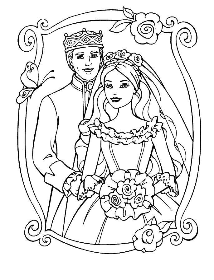 Раскраска для девочек: принц, принцесса, Барби, Кен (принц, принцесса, Барби, Кен)