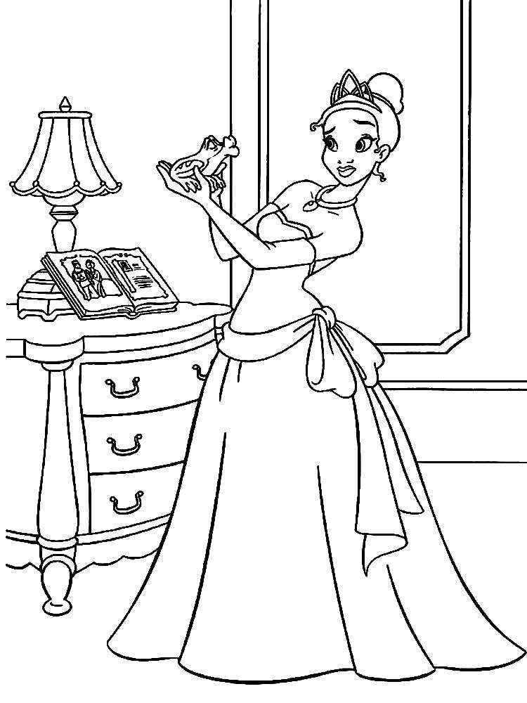 Раскраска с изображением Принцессы и лягушки (Диснеевские, мультфильмы, Принцесса, лягушка, мультфильмы)
