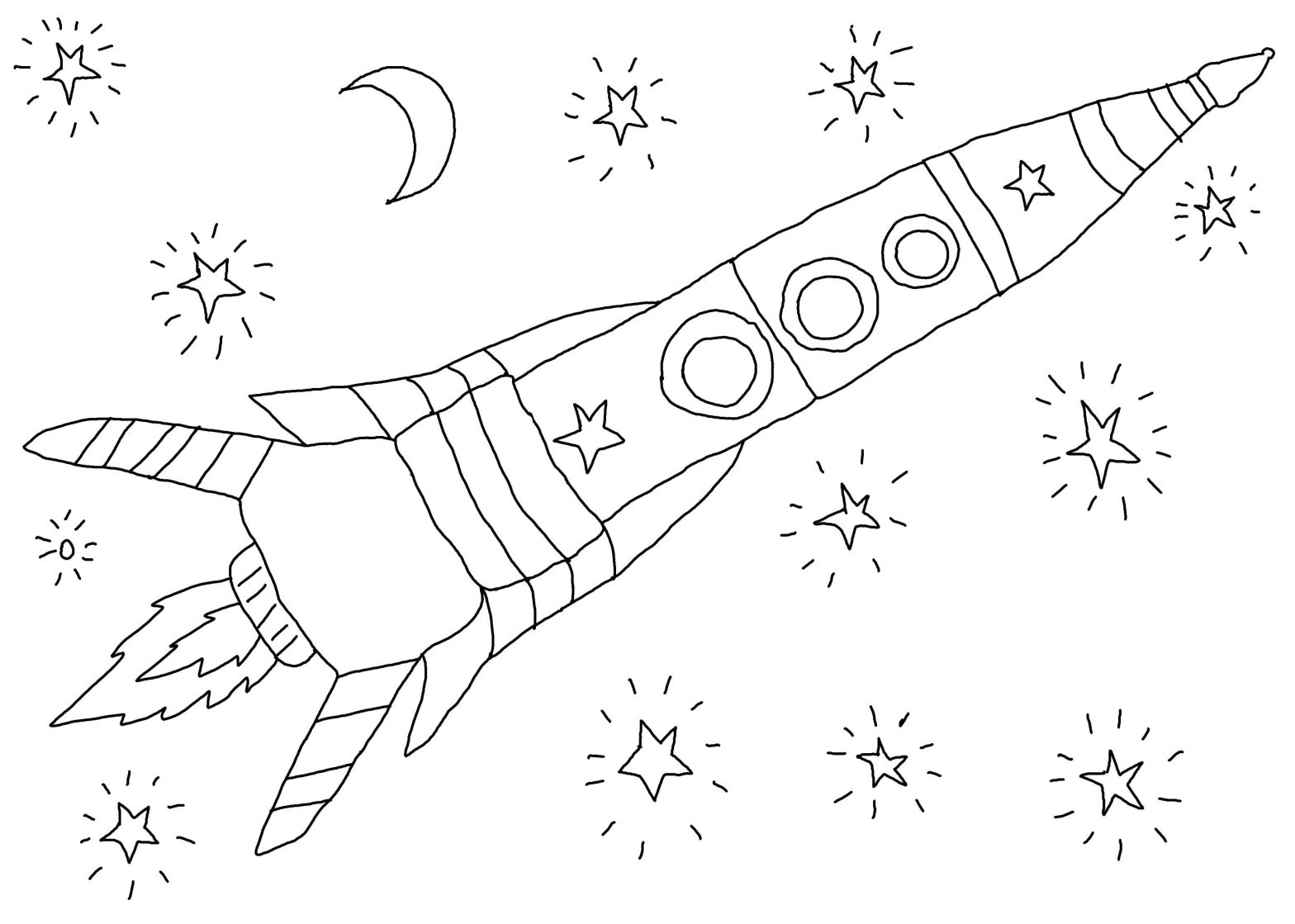 Раскрашенная картинка космоса с ракетой, месяцем и звездами (ракета, звезды, развивающие, увлекательные, тайны)