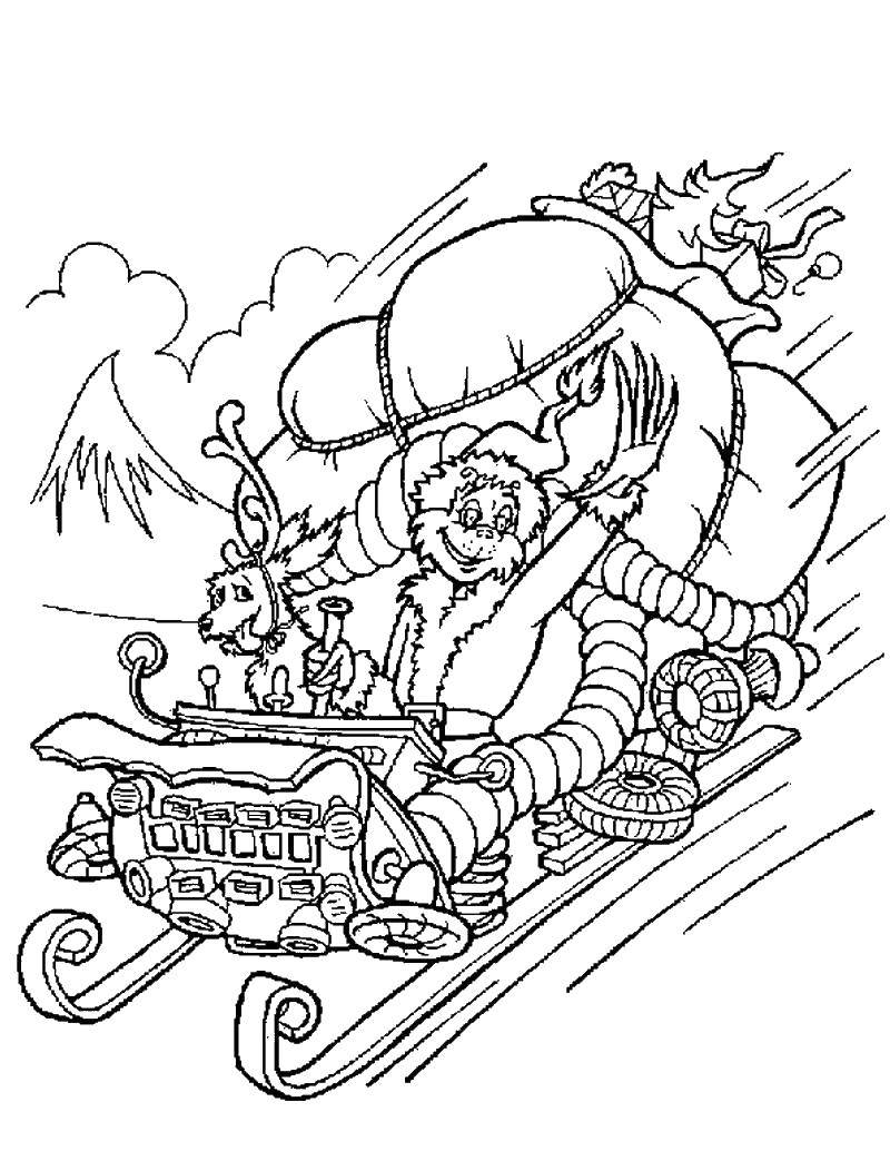 Раскраска с изображением санты, саней, подарков и мешка (санта, мешок, развивающие)