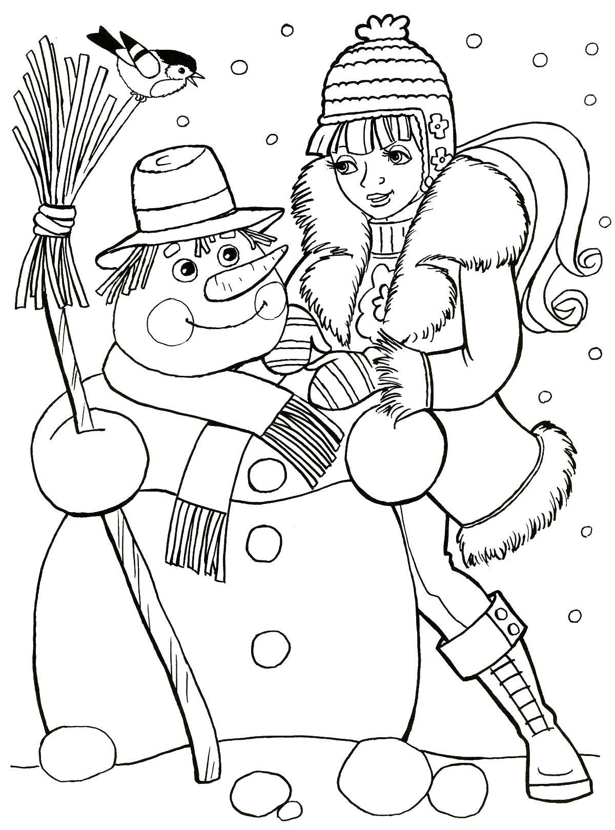 Раскраска для малышей с изображением снеговика, веника и девочки. (девочка)