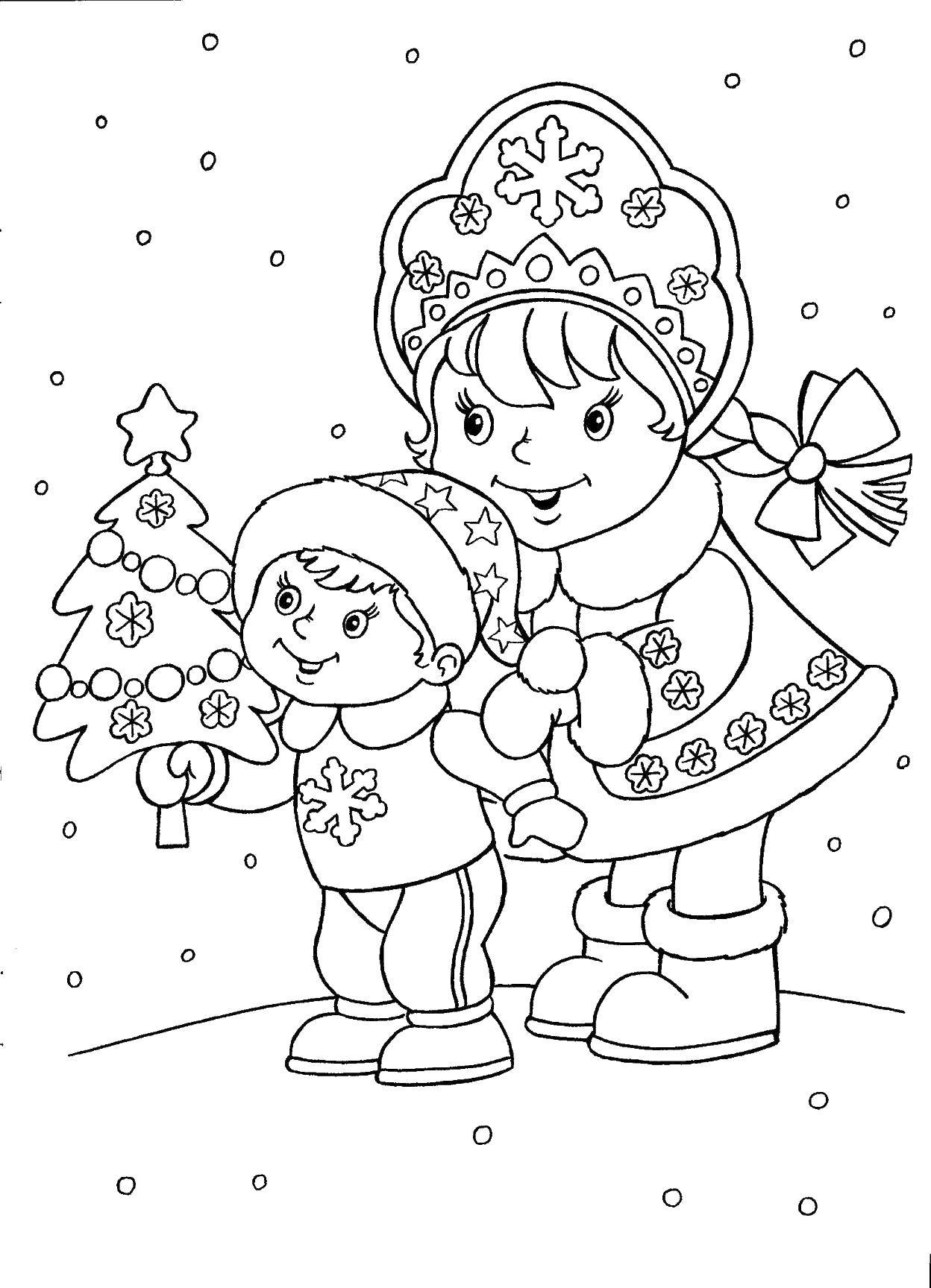 Раскраска с снегурочкой в снежном пейзаже для детей (снегурочка, дети)