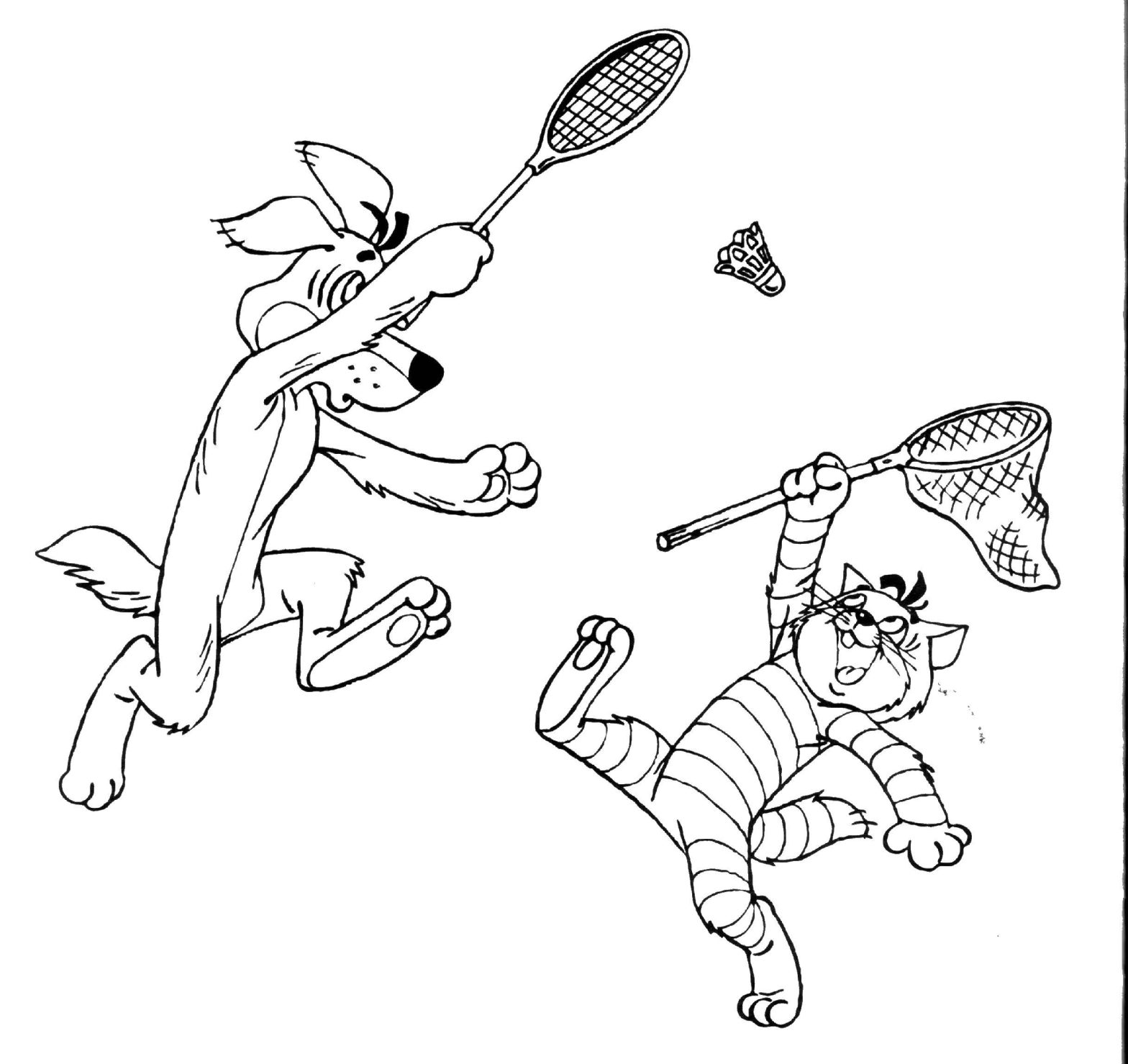 Раскрашенный рисунок с персонажами из мультфильма кот и собака (кот, собака, игры, сказки)