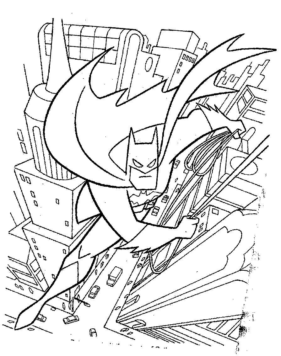Раскраска с супергероем Бэтмэном в городе для мальчиков (супергерои, Бэтмэн)