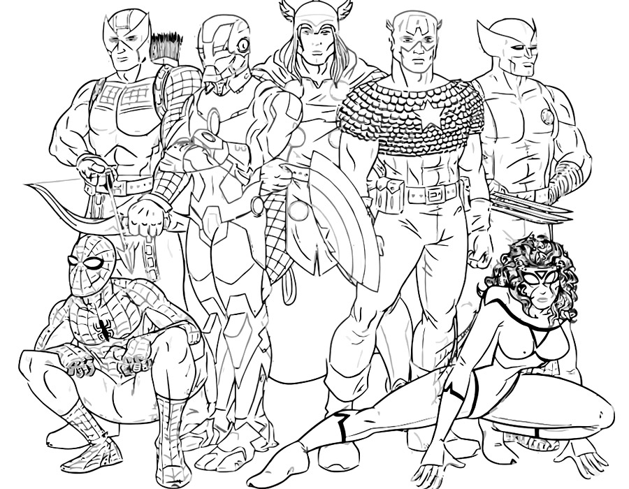 Раскраска с изображением супергероев вселенной Marvel для мальчиков (супергерои, Marvel)