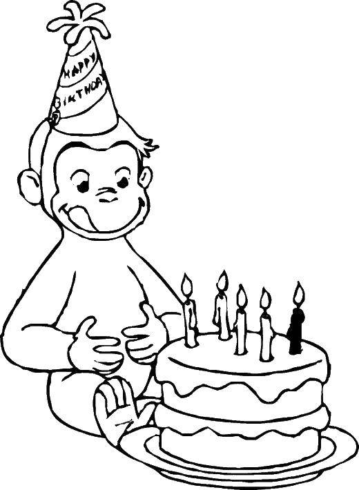 Раскраска обезьянка, торт, свечи (обезьянка, торт, свечи)