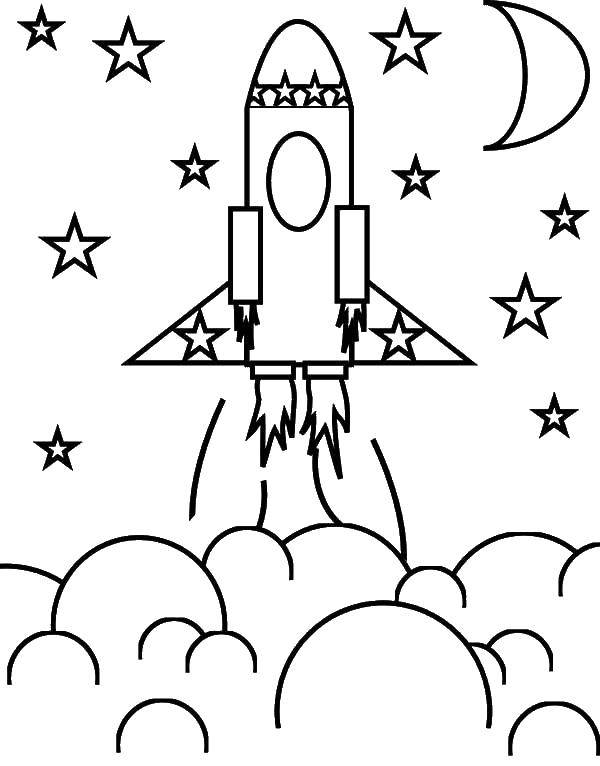 Раскраска с ракетами, небом и звездами (ракеты, небо, звезды)