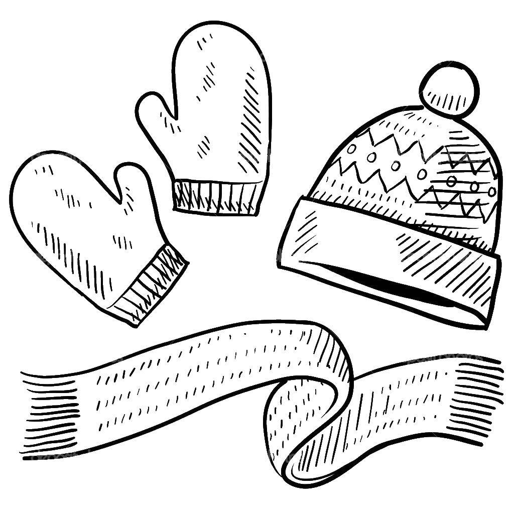 Раскраска зимней шапочки с бубенчиком, варежек и шарфа (шапочка, варежки, шарф)