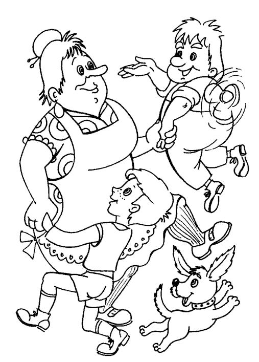 Раскраска с Малышом и Карлсоном, Фрекен Бок собакой, которая прыгает (комиксы)