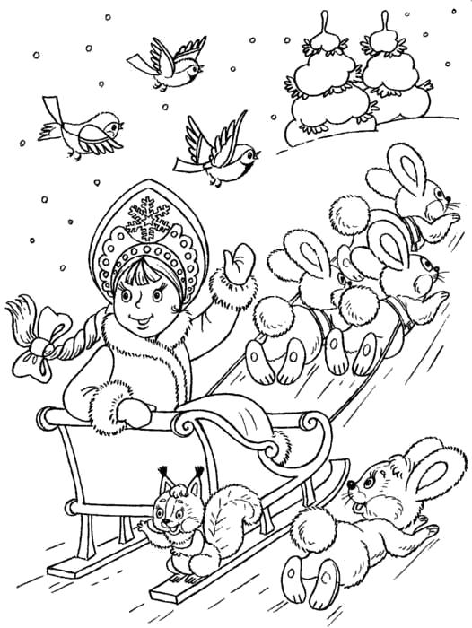 Раскраска с изображением Снегурочки и санок (снегурочка, санки)