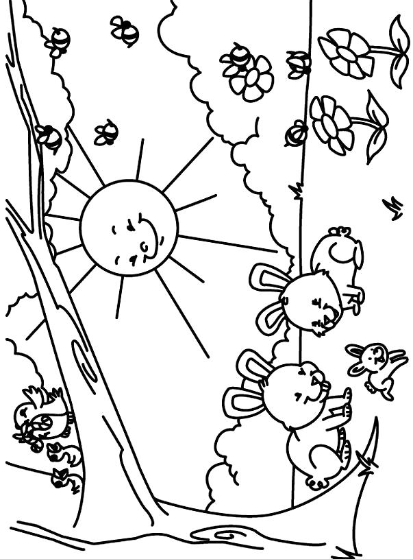 Раскрашенное изображение летнего пейзажа с солнцем, цветами и бабочками